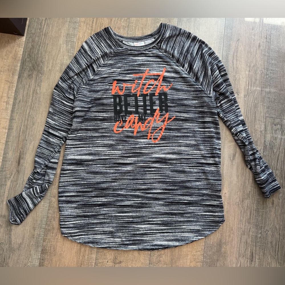 LuLaRoe Black and Gray Long Sleeve with Orange Text